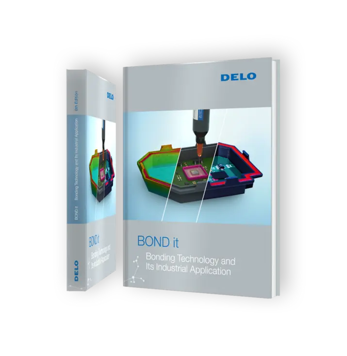 DELO BONDit technical book on industrial adhesive technology: 'BOND it' handbook for innovative bonding solutions and applications in industry. Book cover displays 3D illustration of a bonding process with high-precision dispensing technology for microelectronics